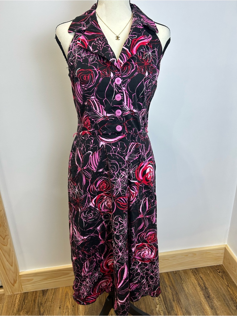 Alyn Paige Black Halter Dress , Pink & Fuchsia Floral Print